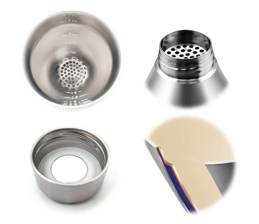 Leo Water Bottle Details - ml/oz Dual Scale, Stainless Steel Filter, and 1oz Measuring Cup Lid