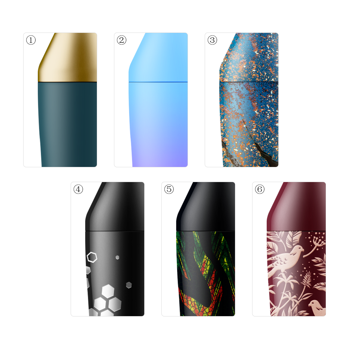 Custom Coating and Printing Options - Matte Paint, Matte Gradient Paint, Air Dyeing, Laser Engraving, Thermal Transfer, 3D Printing for Leo Bottle