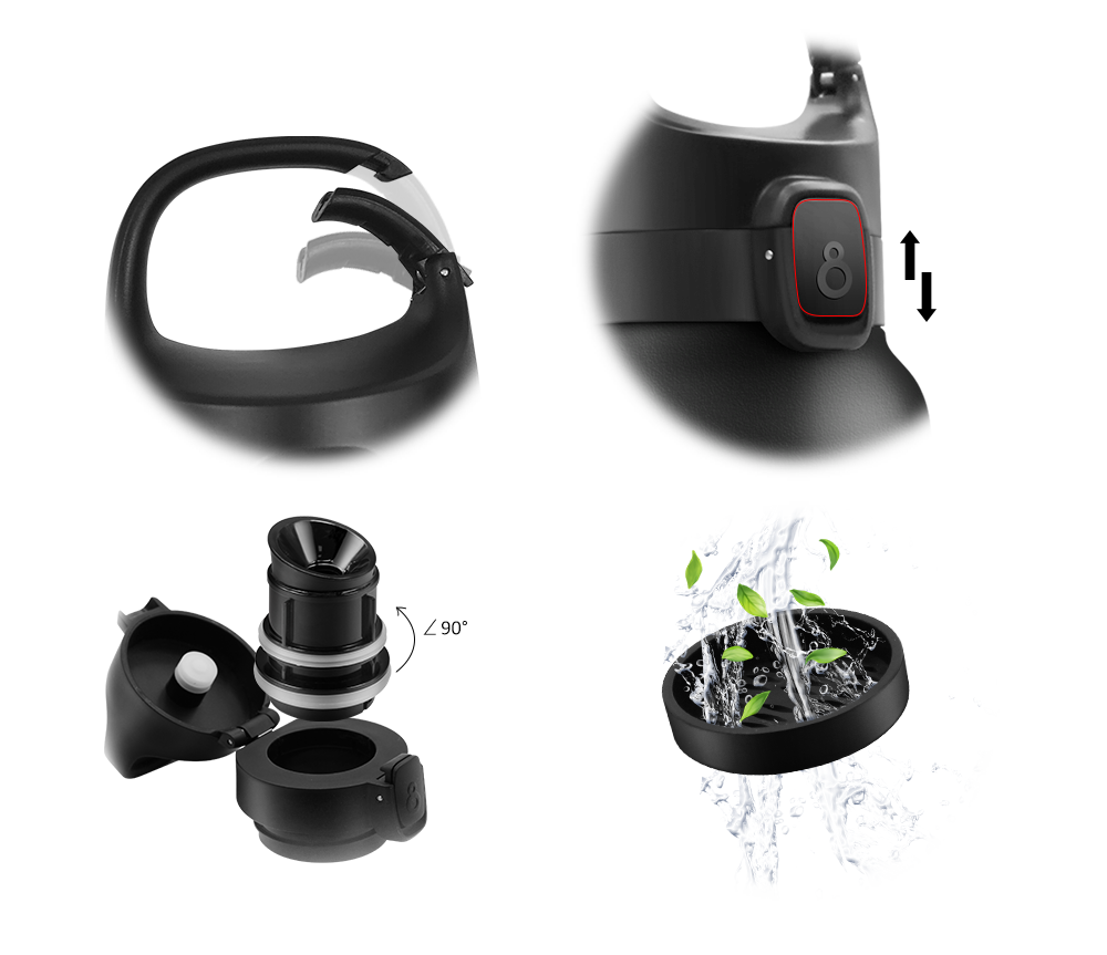 Tyson Water Bottle Details - Carabiner Clip, Powder Coating Texture, and Rotating Spout